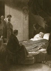 Kardinal Wolseys död, graverad av A. Smith, illustration från David Humes "The History of England", pub. av R. Bowyer, London, 1812